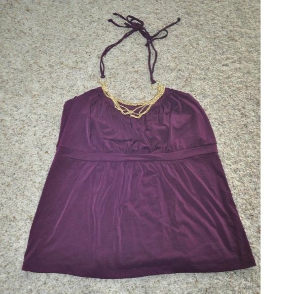 Womens Halter Top Apt 9 Purple Small with Attached Gold Necklace Stretch Empire - Picture 1 of 3